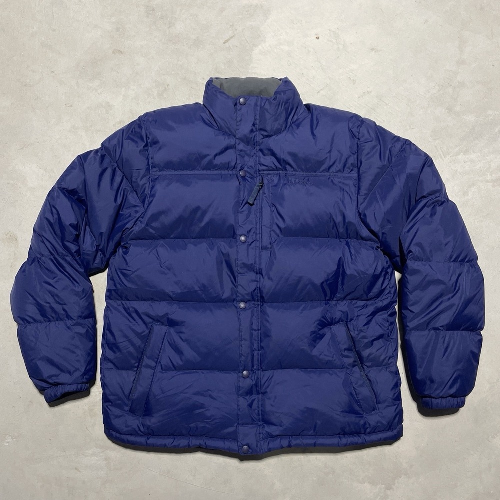 LL Bean Down Puffer Jacket Men's SZ L Blue Goose Down Full Zip Snap Pockets